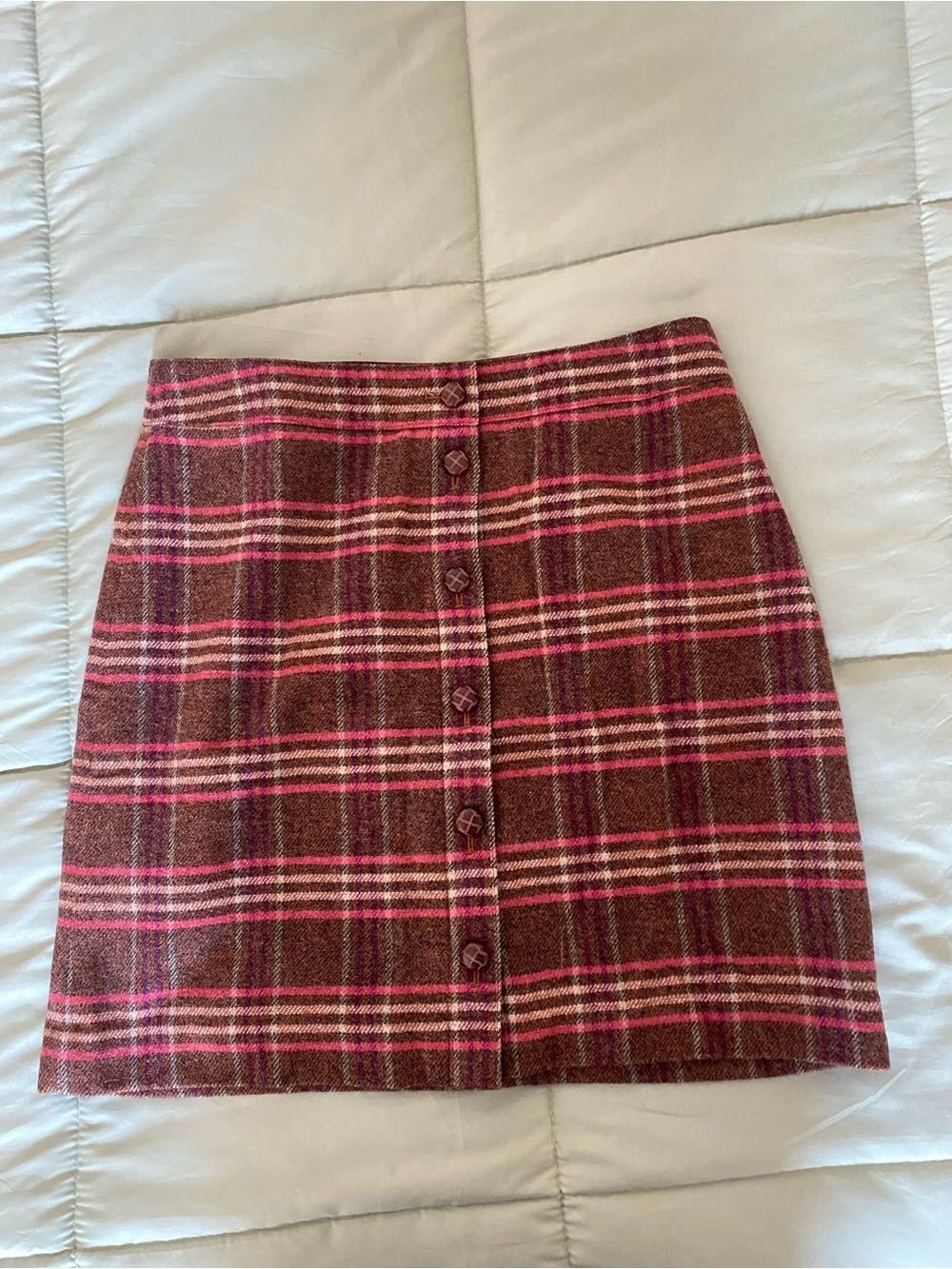 Talbots Classic Plaid Button-Front Skirt in Brown and Pink